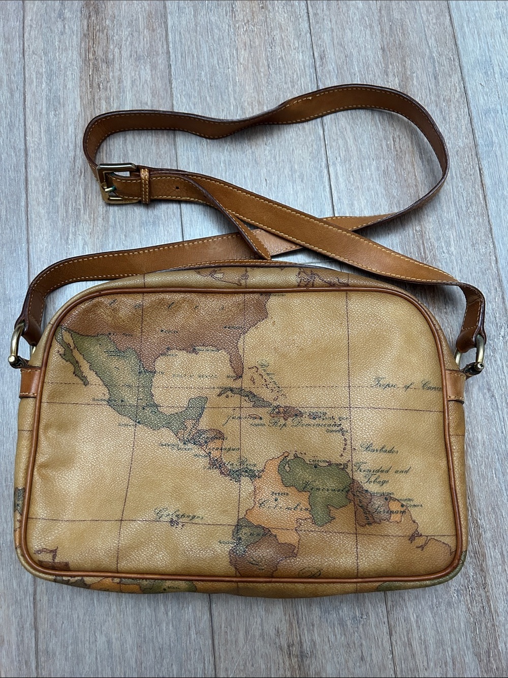 Alviero Martini Tan and Green Map-Print Leather Crossbody made in Italy